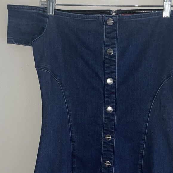 Guess Bodycon Jean Dress Size M Denim Cute Off The Shoulders Silver Button - Picture 3 of 12